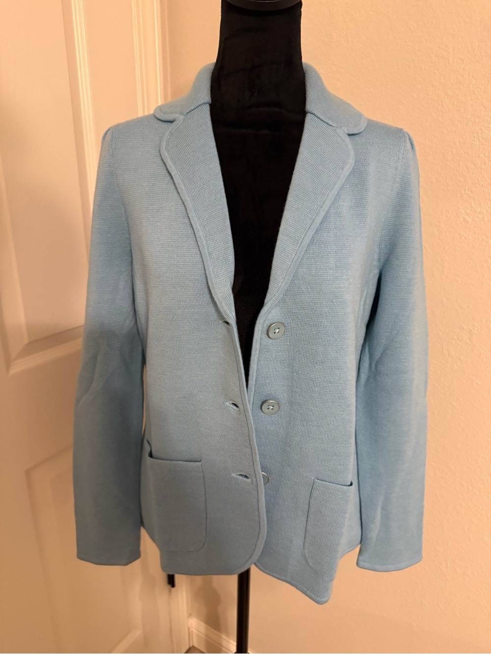 Light Blue Knit Blazer with Notched Lapel - Merino Wool